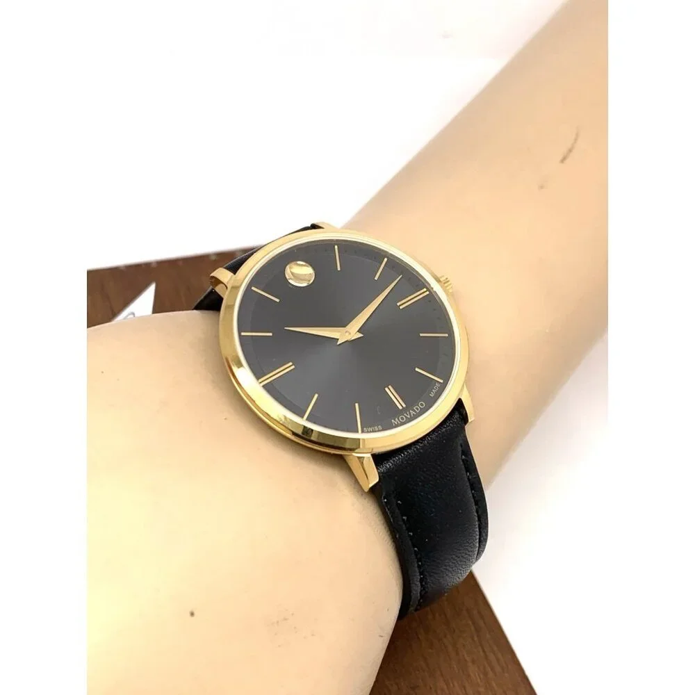 Movado Womens Watch 0607091 Ultra Slim Black Dial Swiss Quartz Gold Leather 35mm